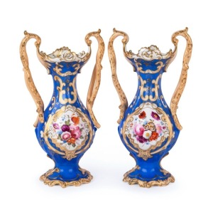ROCKINGHAM fine pair of antique English porcelain vases with hand-painted floral vignettes and landscape scenes on the reverse, circa 1830, 26cm high