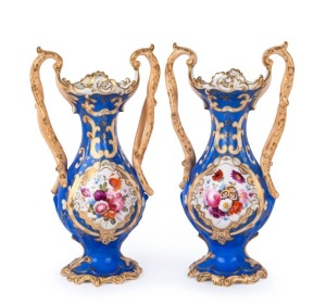 ROCKINGHAM fine pair of antique English porcelain vases with hand-painted floral vignettes and landscape scenes on the reverse, circa 1830, ​26cm high