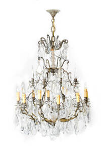 CHANDELIER: Impressive 12 branch cascading hanging light with crystal drops, early 20th century. Height 100cm, width 78cm