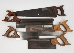 A selection of staircase, tenon and panel saws by Marsdon, Sydney and Bowdon, made in Sheffield. Note: the staircase saws with adjustable height and fence, (5 items), the largest 55cm long