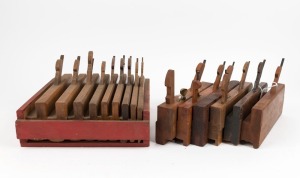Beech framed moulding planes, a set of nine Mathieson & Son, Glasgow retailed by T.M. Davie & Co. Melbourne, and Kimberly, Atkin & Sons and Mathieson 3/8th with dado grooving, (15 items), each 25cm long  