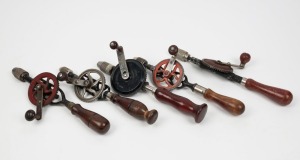 A Group of five hand brace drills, including Millers Falls, Goodell Pratt Co. and a boxed Pope Falcon, the boxed Pope 32cm long.