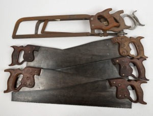 A selection of hand saws comprising (3) butcher's saws by Gregsteel of Melbourne, and (5) Disston hand saws of various cuts, (8 items total), largest 78cm long  