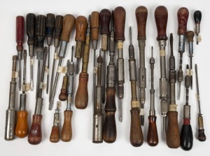 A vast assortment of ratchet and turner type drills and screwdrivers, various manufacturers including Spiralux, Yankee and Moore & Wright, (27 items), the largest 39cm long.