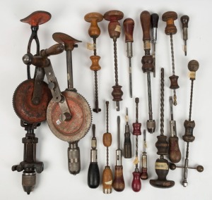 An assortment of drills and screwdrivers including Archimedes, hand ratchet of various makes, two breast drills No13 by Miller Falls U.S.A., and a No.742 by Victor Stanley, (18 items), the largest 50cm long