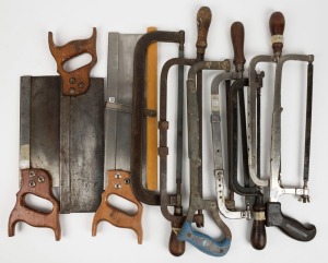 A selection of hand saws including three tenon saws by British knife Co. Adelaide, South Australia, and a selection of hack saws. various makes and models including Goodell, Pratt Co. and John Watts, (10 items), the Largest 50cm