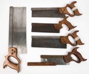 A selection of five tenon saws including, Disston open handle, Sorby open handle, and three Australian made examples by Marsden, the largest 49cm long