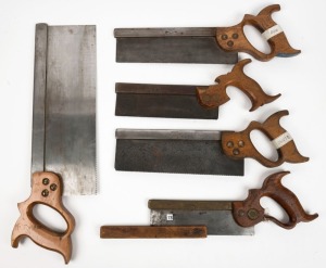 A selection of five tenon saws including, Disston open handle, Sorby open handle, and three Australian made examples by Marsden, the largest 49cm long