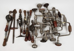 A large selection of brace drills, tough braces, hand drills and turner type screw drivers, including Henry Boker hand drill, cutters and breast drill, Yankee U.S.A. and Tough Australia, (21 items), the largest 37cm long.