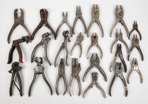 A large selection of hand tools including (5) saw tooth setting tools, and (18) pairs of assorted pliers and cutters various American manufactures, (23 items total), the largest 19cm long.