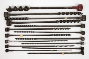 A large collection of Scotch style screw arbors, one quarter to two inch sizing, various manufactures including Robert Sorby of Sheffield and A. Mathieson of Glasgow, (15 items), the largest 70cm long.