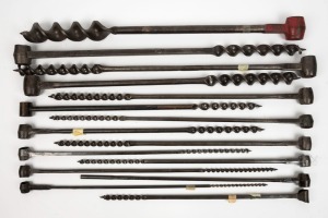 A large collection of Scotch style screw arbors, one quarter to two inch sizing, various manufactures including Robert Sorby of Sheffield and A. Mathieson of Glasgow, (15 items), the largest 70cm long.