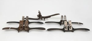 Preston trademark adjustable hand routers, (5 items), the largest 29cm long.