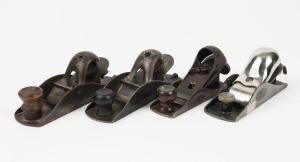 Assorted Stanley block planes including Stanley 110 type 3, Stanley 120 cracking leaver cap, Stanley No.203 and No.18¼, (4 items), the largest 18cm long.