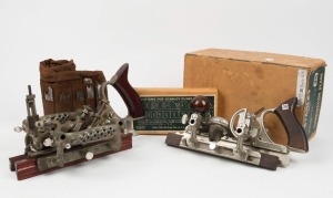 Sargent combination plane with 44 blades in roll bag; together with Stanley No.45 combination plane with original instructions, screwdriver, and 23 boxed cutters, the largest 30cm long.