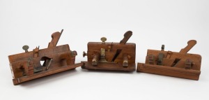 A selection of beech and brass framed fillister planes, by Kimberly (ratchet driven adjustment), Mathieson (skew mouth), and Nelson, London (skew mouth), (3 items), the largest 25cm long.