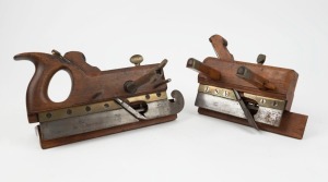 Kimberly beech and brass framed plough planes. One with closed handle and steel thread adjustable fence, (2 items), the largest 28cm long.
