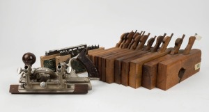 A Stanley No.45 combination plane in original timber box with two boxes of various cutters, along with (11) Mathieson beech framed rebate planes, sizes 5/16" to 1½", (12 items), the box 33cm long.