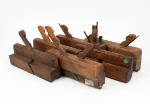 Beech framed moulding planes, including Mathieson & Son dado grooving plane, P. Jones 1¼" round, Bewley of Leeds mouldling plane, and various other makers, (6 items), the largest 25cm long.