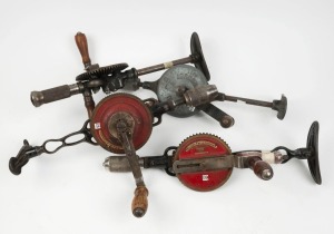 A selection of breast drills, including 3 speed by Lewco (Australia), Victor Stanley No.742, and (2) by Millers Falls (U.S.A.), No.12 and No.97, (4 items), the largest 43cm long.