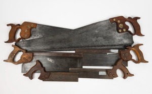 A selection of hand saws, including two rip examples by Spear & Jackson of Sheffield, and four tenon saws with open and closed handles, various sizes and manufactures, (6 items), the rip saws 79cm long.