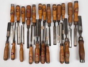 Titan a vast selection of Australian chisels, various dates of manufacturers, including butt, bevel and gouge style, (23 items), the largest 34cm long.