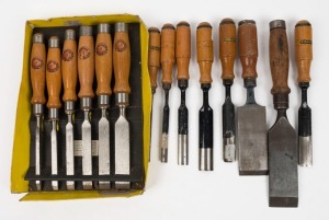 Stanley and Titan Australia chisels, (6) Stanley gouges, (6) Titan butt chisels in original box and (2) large butt chisels, (14 items) the largest 33cm long.