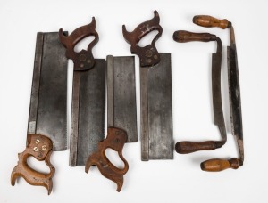 A selection of tenon saws and draw knives, manufacturers include Mathieson of Sheffield, Disston and Kimberley, (6 items), the largest 44cm long.