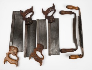 A selection of tenon saws and draw knives, manufacturers include Mathieson of Sheffield, Disston and Kimberley, (6 items), the largest 44cm long. 