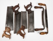 A selection of tenon saws and draw knives, manufacturers include Mathieson of Sheffield, Disston and Kimberley, (6 items), the largest 44cm long. 