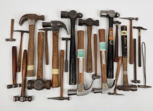 A large assortment of hammers including miniature specialty hammers, mallets, ball & peen and claw style, ( 23 items total), the largest 40cm long.