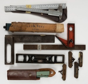 A selection of levels and measuring tools, including Stanley pocket levels, Mitutoyo calipers and Goodwell Pratt squares, (11item total), the largest 31cm long.