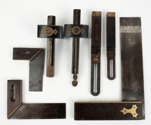 A group of rosewood and ebony tools, comprising of two mortice gauges, rosewood squares and levels, (8 items total), the largest 28cm long.
