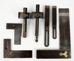 A group of rosewood and ebony tools, comprising of two mortice gauges, rosewood squares and levels,  (8 items total), the largest 28cm long.