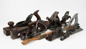 A collection of various application planes including Stanley circular plane, skew mouth shoulder plane, rebate plane, adept chamfer plane, and others, (10 items total), the largest 39cm long.