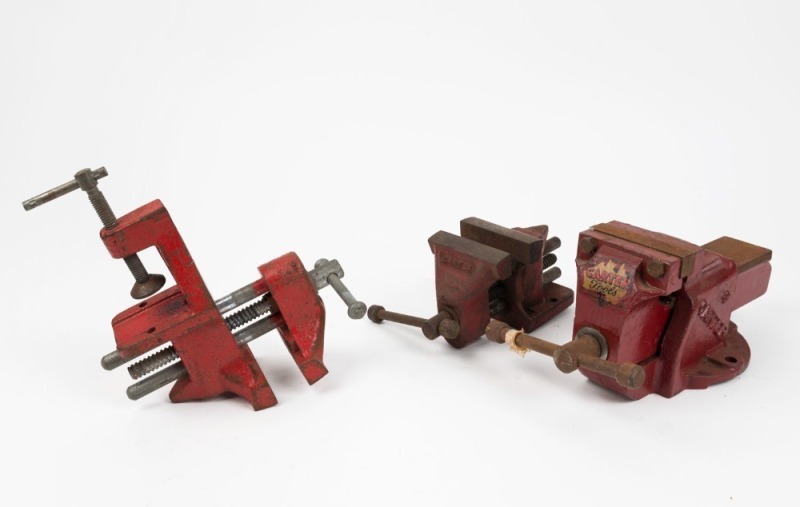 A group of three Carter tools bench vices, with one clamp vice, and two screw on bench vices, all 3" jaws, (3 items total), the largest 26cm long (closed).