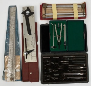 A collection of measuring instruments including roof squares and Hunt roofing scales, Thorton protractor set, and Faber Castle protracter set, (5 items total), the largest 48cm long.