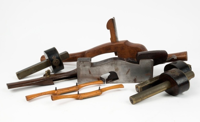 A fine selection of hand tools including Moseley & Sons router, three ornamental marker gauges, and a 1¼" rebate with rosewood infill, (8 items total), the largest 45cm long.