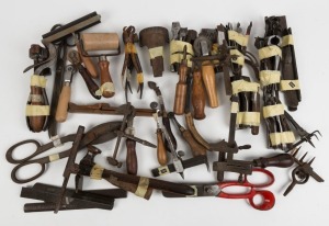 A very large collection of leather working tools, including raspes, hole punches, leather plough planes, shears and pliars, various makers and models, (Qty 40+)