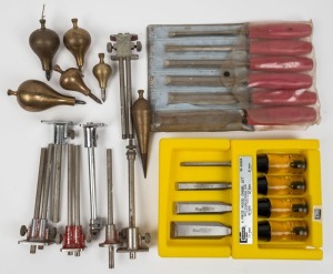 A quantity of hand tools including Stanley wood chisels, brass plumb bobs, Titan chisels and steel gauge markers, (15 item total), the largest chisel 27cm long.