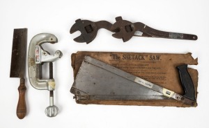 A group of hand tools including an Shestack saw, Highgate Tools Co. shifters, Ridgid pipe cutter, and a Gregory steel tenon saw, (5 items total), the largest 41cm long.