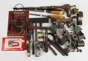 A very large selection of hand tools, including punches, battery repair kit, lathe tools, hammers, screwdrivers, staple guns and kitchen hand tools, (40+ items), the largest 68cm long.