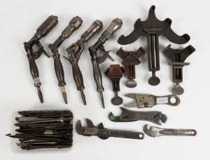 Various woodworking tools and other hand tools including, multiple angular brace extensions, a large box of drill bits, all different sizes and styles, and adjustable wrenches, (qty 40+), the largest item 29cm long.
