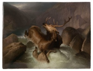 K.P.M. antique German porcelain plaque with scene of wolves attacking a stag, 19th century, impressed mark "K.P.M.", 19 x 25cm