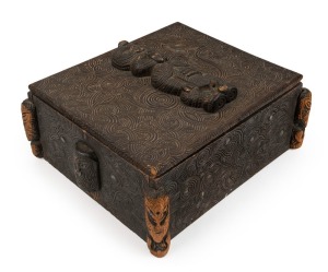 Maori box, carved wood with paua shell, New Zealand origin, 19th/20th century, 15cm high, 34cm wide, 30cm deep