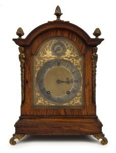 WINTERHALDER & HOFMEIER antique German oak cased table clock with 8 day spring driven movement, quarter chiming on two coil gongs, late 19th century, 40cm high