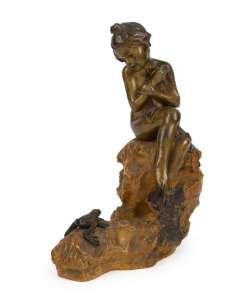 An antique French Art Nouveau sculpture, gilt bronze and Sienna marble, signed MANGINOT, late 19th century, 24cm high