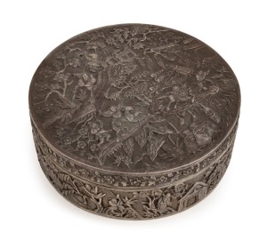 An antique Chinese export silver circular box, 19th century, two character mark to base, 5cm high, 14.5cm diameter, 475 grams