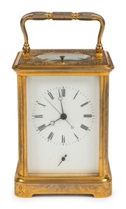 An antique French push button repeat, engraved corniche carriage clock with alarm subsidiary, sweep seconds hand, striking on a bell, 19th century, 17cm high overall