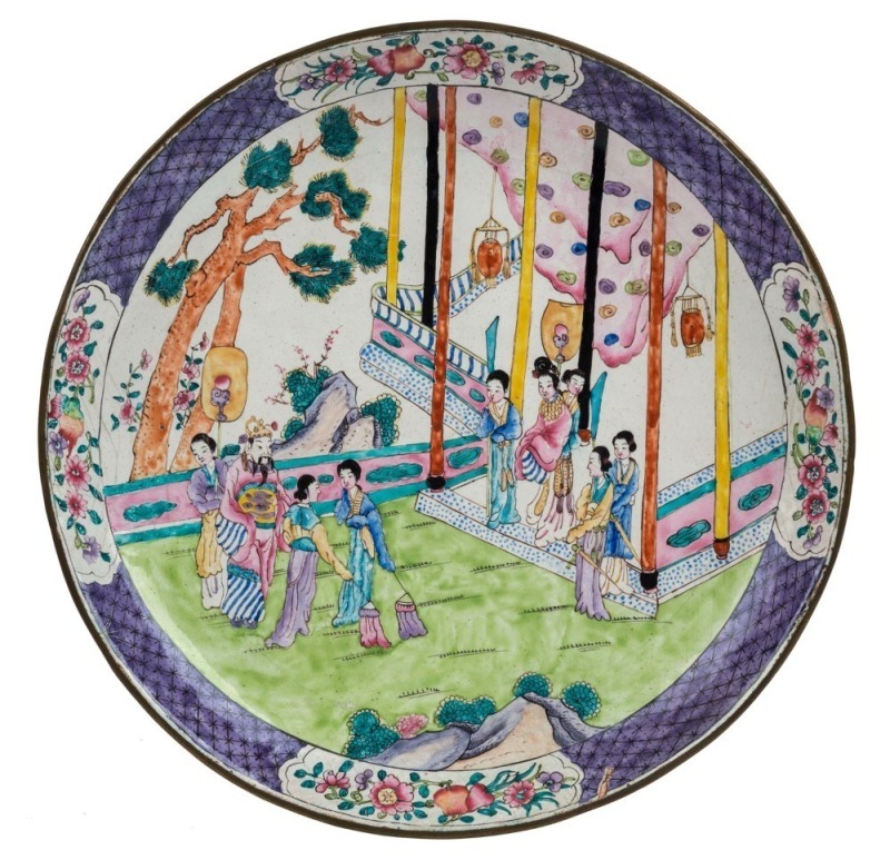 An antique Chinese Peking enamel platter, Qing Dynasty, seal mark to base, ​​​​​​​29.5cm diameter